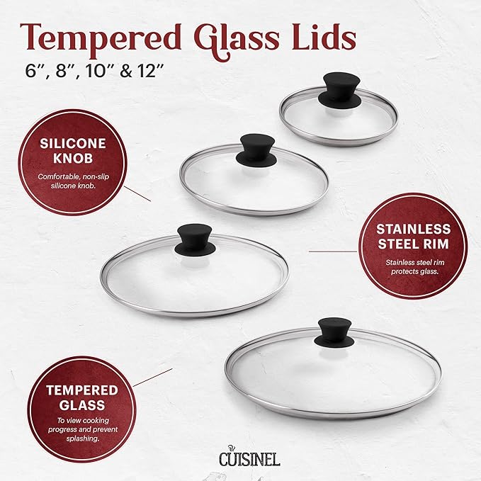 Glass Lids Set - 6"+8"+10"+12"-Inch / 15.24cm+20.32cm+25.4cm+30.48cm - Compatible with Lodge Cast Iron - Fully Assembled Tempered Replacement Cover - Oven Safe for Skillets Pans: Universal Cookware