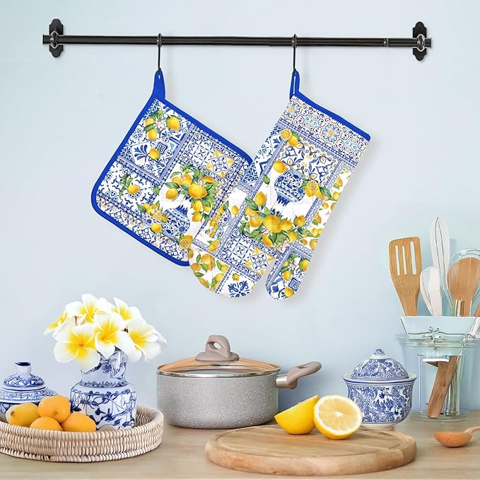 Yellow Lemon Oven Mitts and Pot Holders Sets 2Pcs, 100% Cotton Heat Resistant, Extra Long Oven Gloves Potholder for Kitchen Cooking Baking Decoration