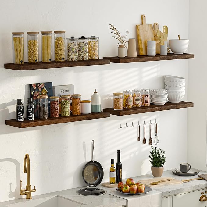 Floating Shelves for Wall, 32" Flat Edge Solid Elm Wood Floating Shelf, Wall-Mounted Display Shelves with Invisible Heavy-Duty Metal Bracket, Floating Shelf for Kitchen (Wanlut, Set of 2)