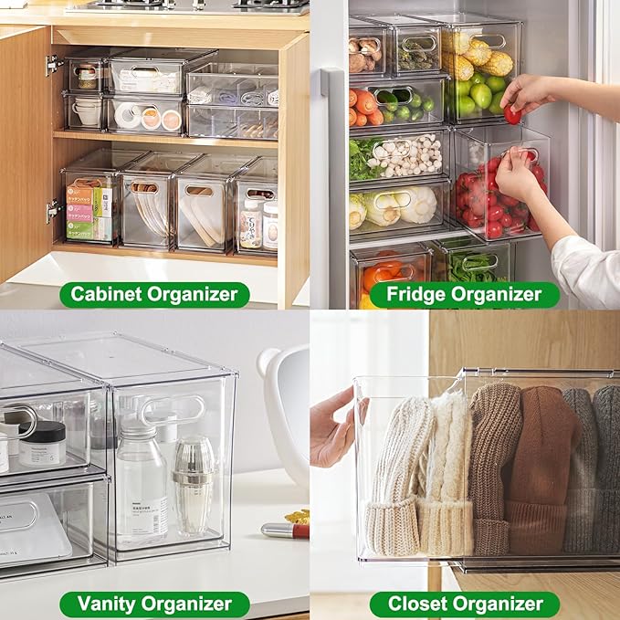 Taiuloo Clear Stackable Storage Drawers - 9.51 Quart Large Plastic Organizer Bins with Pull-Out Drawer, Kitchen Fridge, Bathroom Vanity & Pantry Cabinet Organization