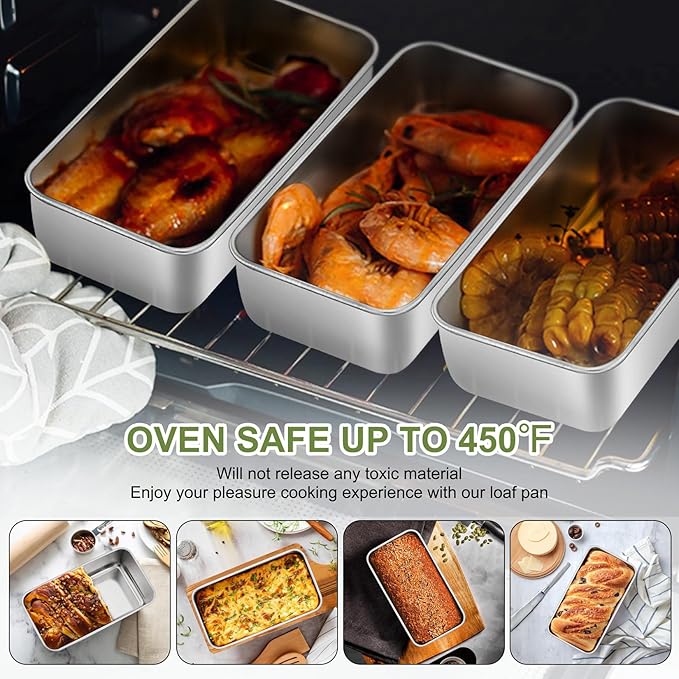 P&P CHEF Loaf Pan Set, 9 x 5 Inch Bread Pans, Stainless Steel Loaf Toast Baking Pans For Bread Meatloaf Lasagna Cake, Healthy & Non Toxic, Oven & Dishwasher Safe, (Silver, 6Pcs)