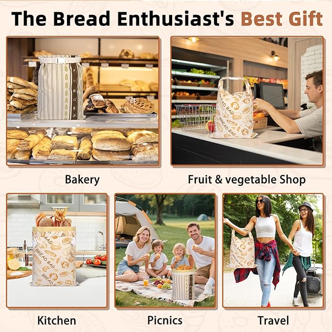 2 Pack Beeswax Bread Bags - Large Reusable Cotton Linen Food Storage Covers for Sourdough & Homemade Bread, Waxed Bags Keep Bread Fresh, Proofing Bag Freezer-Safe, Easy Clean