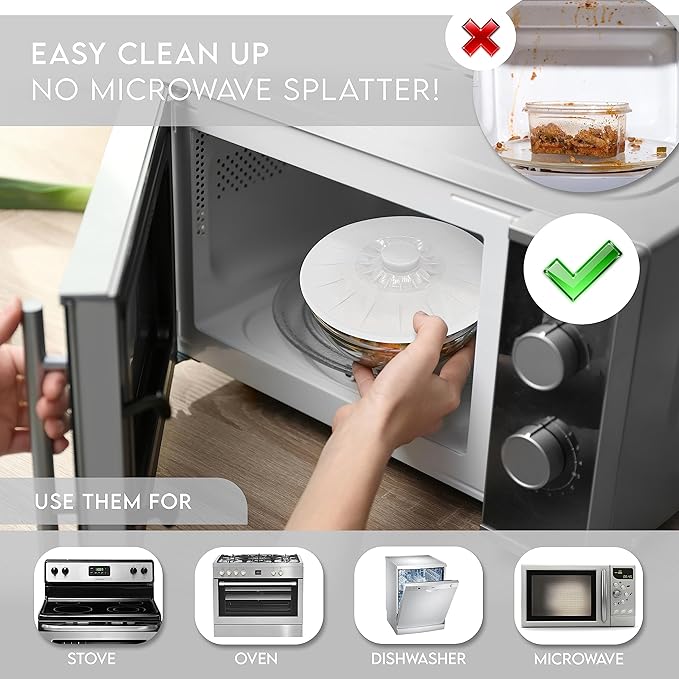 Silicone Bowl Lids White, Set of 5 Reusable Suction Seal Covers for Bowls, Pots, Cups. Food Safe. Natural grip, interlocking handles for easy use and storage.