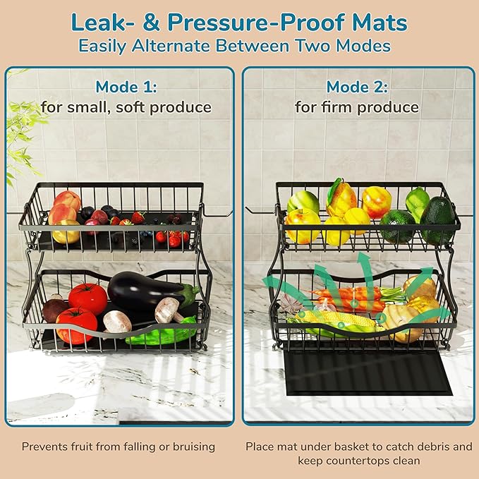 Large 2-Tier Fruit Basket for Kitchen Counter with 2 Banana Hangers – Metal Fruit Bowl for Onion, Vegetable, Snacks, Breads Storage – Countertop Organizer – Black, 14.5" W x 9.5" D