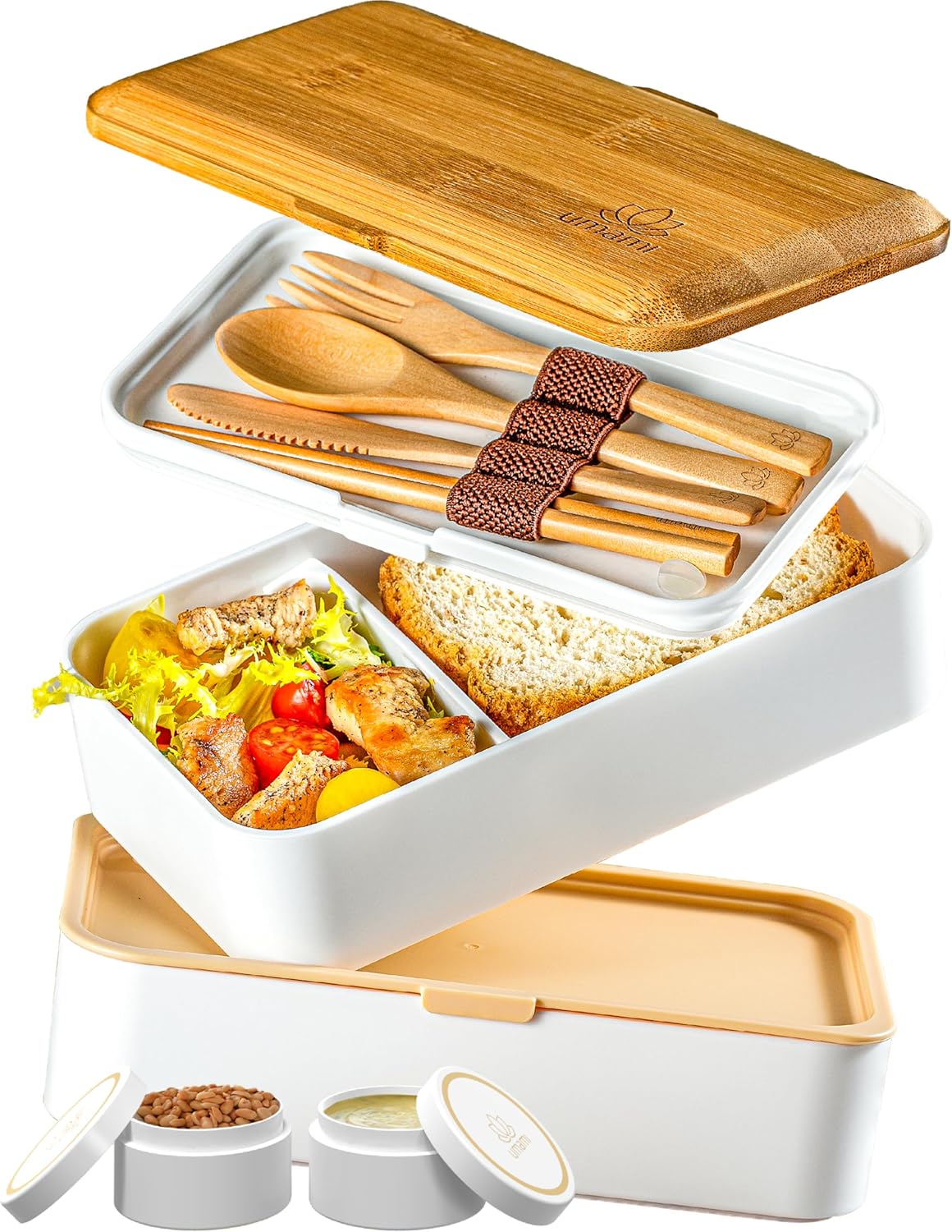 Umami Bento Box Adult All-In-1 w/4 Utensils, 2Sauce Jars, 2 Dividers, 100% Leakproof, Microwave & Dishwasher Safe, Stackable Bento Lunch Box Containers for Men/Women, White & Tan