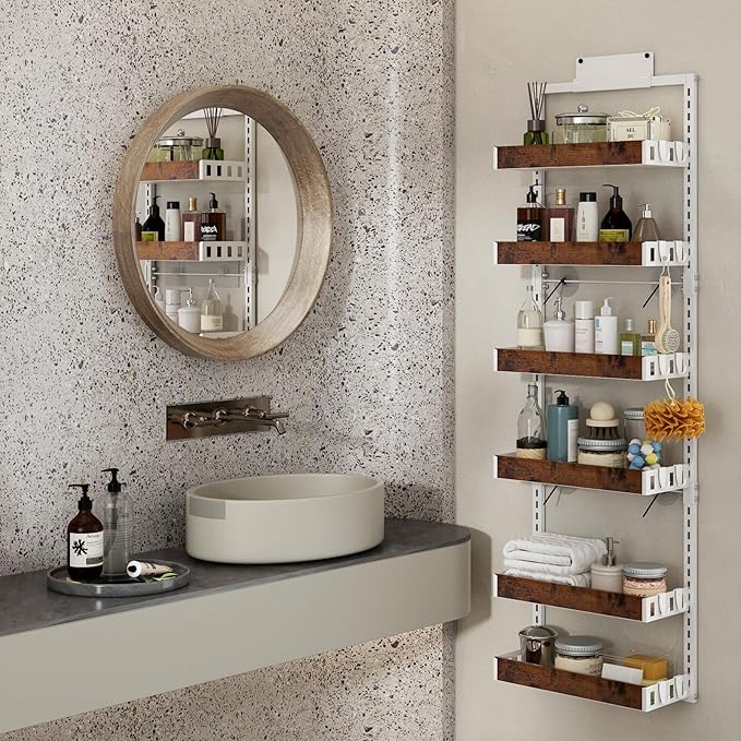 bukfen Over the Door Pantry Organizer, 6-Tier Adjustable Wooden Basket Kitchen Pantry Door Organization and Storage, Heavy-Duty Metal Hanging Kitchen Spice Rack,D6.3 x W17.71 x H50.60 inch,White