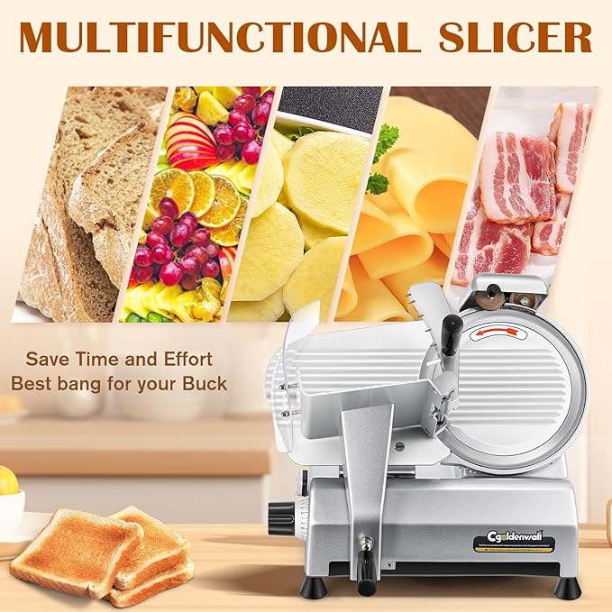 CGOLDENWALL Commercial Meat Slicer Machine, 240W 0-0.7" Adjustable Thickness Electric Deli Meat Cheese Food Slicer, 10" Semi-Auto Frozen Meat Slicer for Home, Copper Motor Low Noise Durable