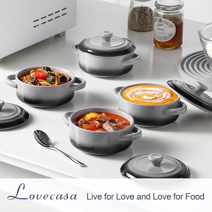 LOVECASA Mini Cocotte with Lid,12 OZ Small Casserole Dish for Oven,Mini Casserole Dish,Individual Ramekins with Lids,Oven, Microwave & Dishwasher Safe,Set of 4