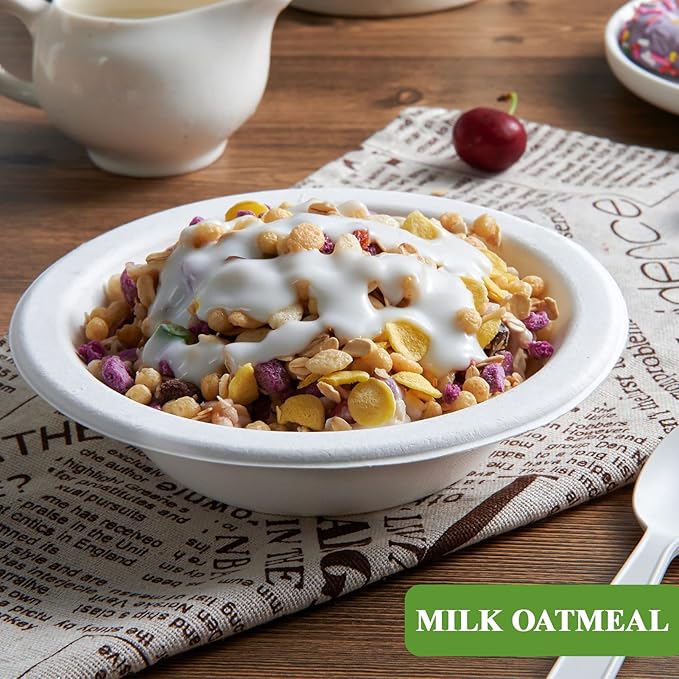 Vplus 200 Pack 16 OZ Paper Bowls, Disposable Compostable Bulk, Eco-friendly Bagasse, Heavy-duty Bowls Perfect for Milk Cereals, Snacks, Salads