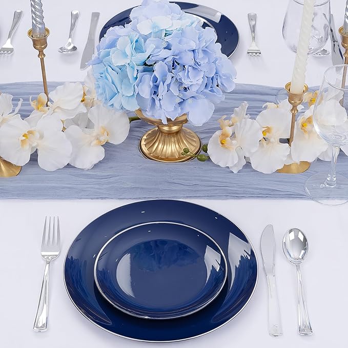 KIRE 200PCS Blue Plastic Plates with Silver Rim - Navy Blue Plastic Plates Include 100 Dinner & Dessert Plate - Heavy Duty Dark Blue Disposable Plate for Parties/Wedding