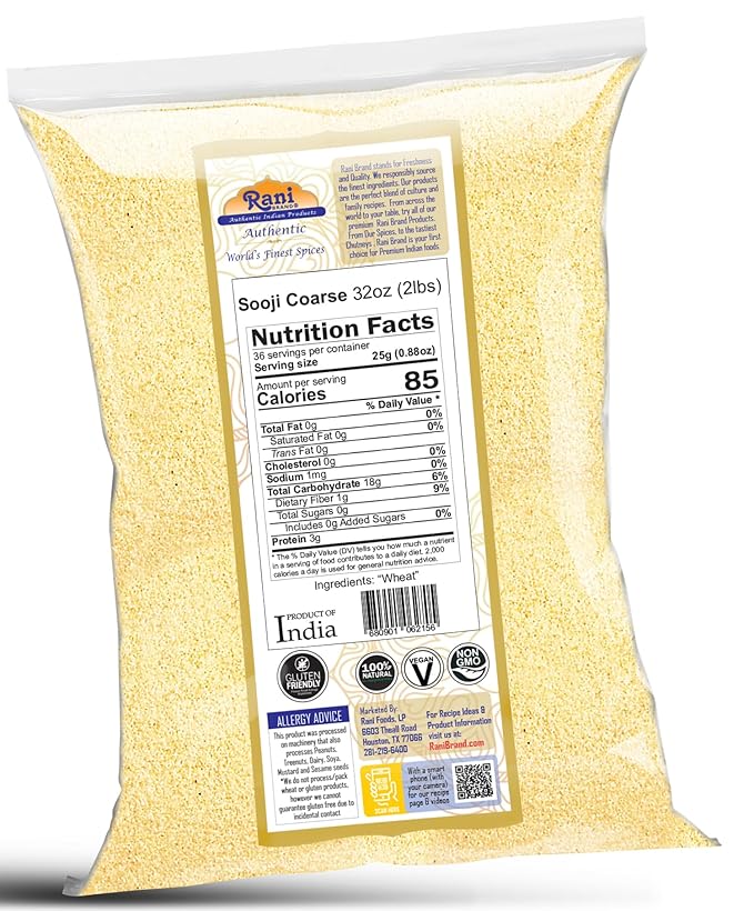 Rani Sooji Coarse (Farina, Suji, Rava, Rawa, Wheat Semolina) Flour 32oz (2lbs) 908g ~ All Natural | Vegan | NON-GMO | Kosher | Indian Origin