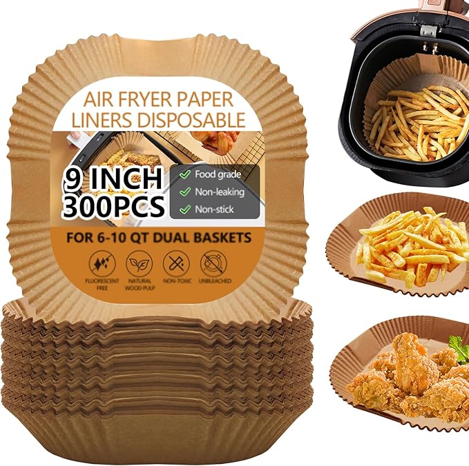 UBeesize 9 Inch Air Fryer Paper Liners,300 PCS Parchment Paper, Air Fryer Disposable Paper Liners for Microwave, Non-Stick Sheets Square Free of Bleach（Bottom size 8 Inch）