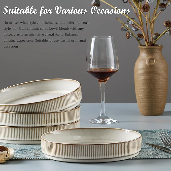 E-far Pasta Bowls Set of 4, 35oz Large Salad Bowl Plate for Dinner Serving Soup, Wide & Shallow Ceramic Stoneware Pasta Plates, Microwave & Dishwasher Safe, Reactive Glaze Texture-Stripe, Creamy Beige