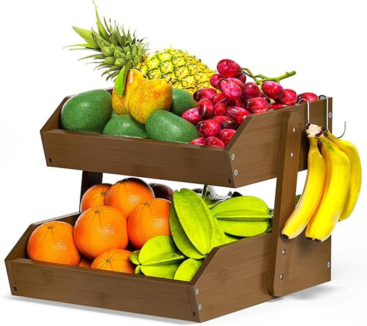 Bamboo Fruit Basket for Kitchen – 2 Tier Fruit Bowl For Kitchen Counter, Large Fruit Holder With 2 Banana Hangers, Idea For Fruit and Vegetable Storage, Bread Basket, Snack Organizer(WALNUT)