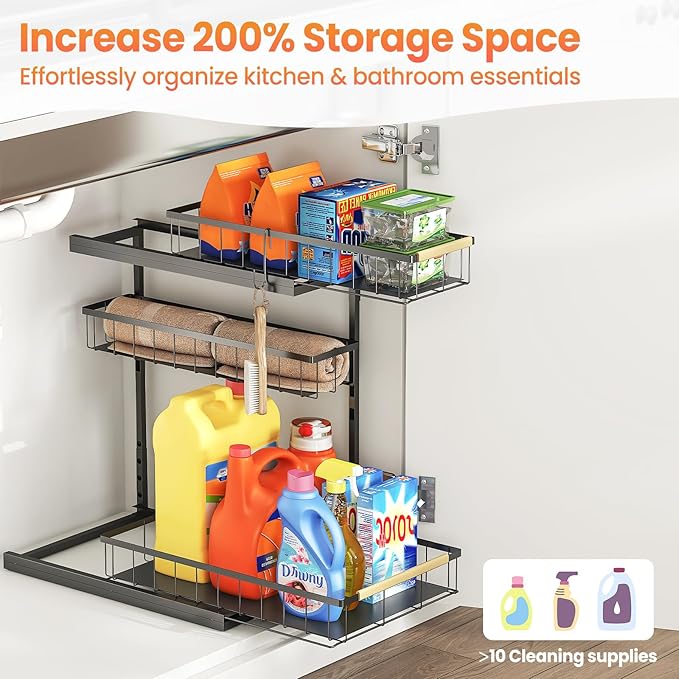 Under Sink Organizer and Storage for Bathroom and Kitchen - 2 Pack Pull Out Under Cabinet Shelf Organizers - 2 3 Tier Sliding Out Drawer Organization for Home Cabinets Shelves and Drawers