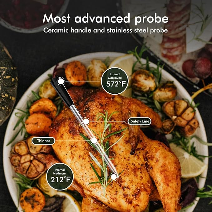 Smart Wireless Meat Thermometer with Thinnest Probe, Bluetooth Food Thermometer, Remote Tracking and Real-Time Readings from Apps, for iOS and Android, for BBQ, Grill, Smoker