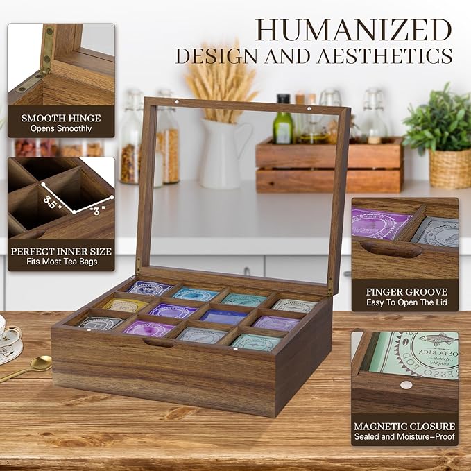 Acacia Wood Tea Bag Organizer, 12 Compartments Tea Box Organizer Storage Box, Teabag Holder Organizers with Clear Acrylic Window, Magnetic Lid and Removable Dividers
