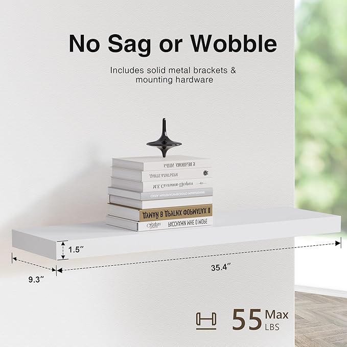 Colima Floating Shelves for Wall White Wood Shelf for Bedroom, 36 Inch Wall Mounted Floating Shelves for Bathroom Living Room Kitchen Office, 1.3" Thick Floating Book Shelves for Wall, Set of 3