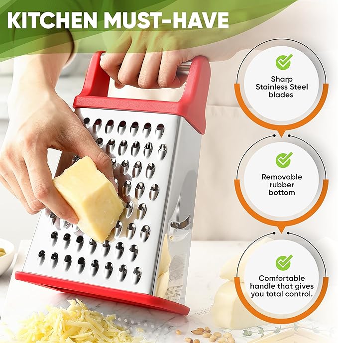 Spring Chef Professional Cheese Grater - Stainless Steel 4 Sided Box Grater for Kitchen, XL Size - Perfect Shredder for Parmesan Cheese, Carrot, Potato, Ginger - Dishwasher Safe - Red