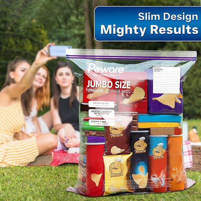 Large Storage Bags, 18"x24" Jumbo Plastic Bag, BPA Free, 5 Gallon XL Zipper Lock Baggies for Clothes Pillow Travel Moving - 50 Jumbo Bags