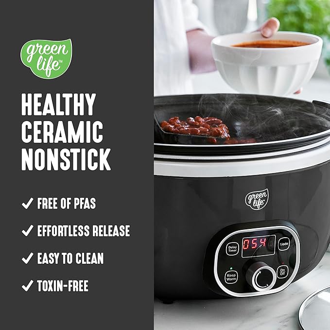GreenLife 6QT Slow Cooker, Non-Toxic PFAS-Free Ceramic Nonstick Removable Interior Bowl, Programmable, Family Friendly, Keep Warm, Stovetop & Oven Safe, Dishwasher Safe Parts, Timer, Glass Lid, Black