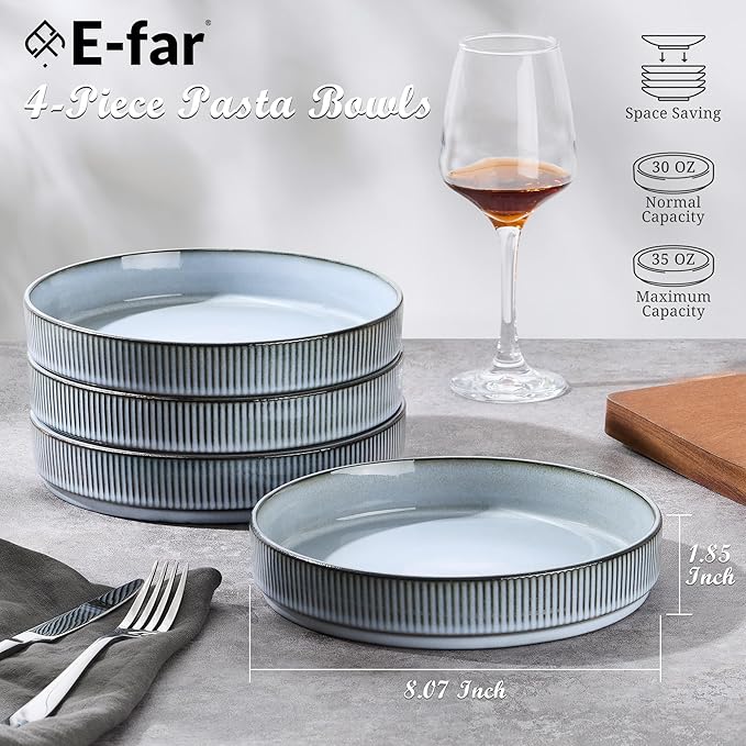 E-far Pasta Bowls Set of 4, 35oz Large Salad Bowl Plate for Dinner Serving Soup, Wide & Shallow Ceramic Stoneware Pasta Plates, Microwave & Dishwasher Safe, Reactive Glaze Textured Stripes, Dusty Blue
