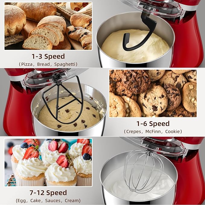 Cowsar Stand Mixer, 12 Speeds Tilt-Head Electric Commercial Stand Mixer, 3-In-1 Kitchen Mixer with Bowl, Dough Hook, Whisk and Beater, Red