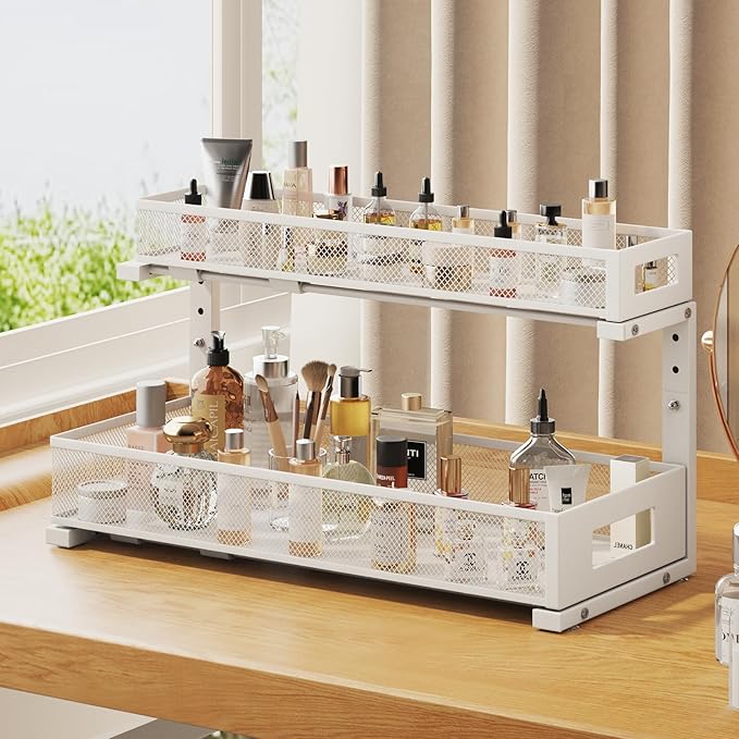 1 Pack 20.47IN Depth Under Sink Storage Organizer, Large 2-Tier Elegant Mesh Pull Out Shelf for Kitchen and Bathroom Cabinet Organization, L-Shaped and Adjustable Height Design-White