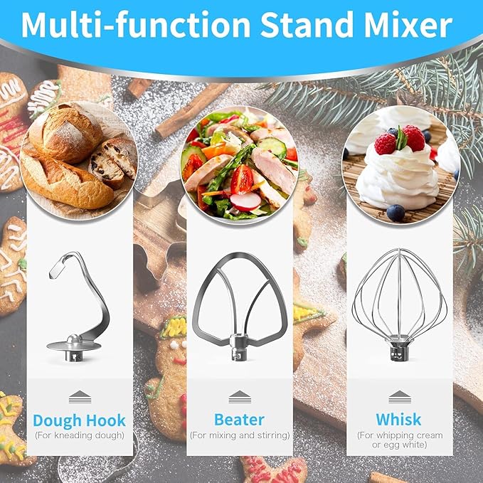 Vospeed 9 IN 1 Stand Mixer, 850W Tilt-Head Multifunctional Electric Mixer with 8 QT Stainless Steel Bowl, 1.5L Glass Jar, Meat Grinder, Hook, Whisk, Beater Dishwasher Safe (Blue)