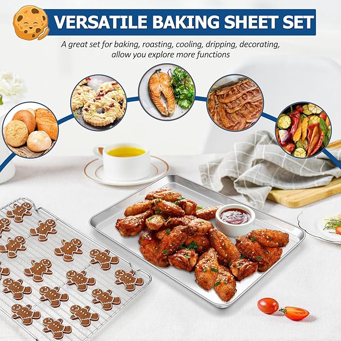 TeamFar Baking Sheet with Rack Set, Stainless Steel Baking Pan Cookie Sheet with Cooling Rack, Size 17.6 x 13 x 1inch, Non Toxic & Heavy Duty, Easy Clean & Dishwasher Safe