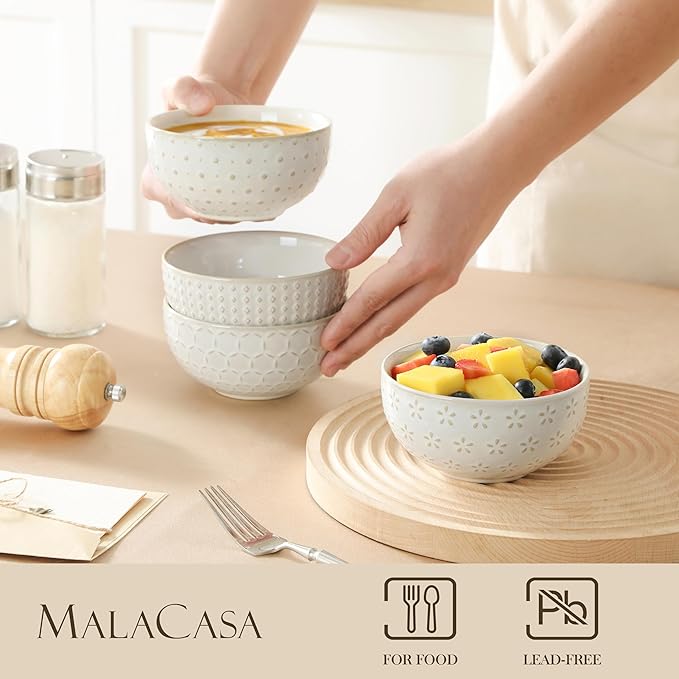 MALACASA Small Bowls, 14 Ounce Ice Cream Bowl, Stoneware Dessert Bowls Set of 4 with Embossment for Snack, Chip, Fruits, Side Dishes - 4.5 Inch, Arctic White Series LYDIA
