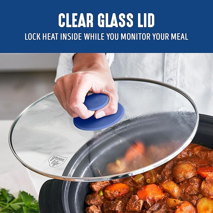 GreenLife 6QT Slow Cooker, Non-Toxic PFAS-Free Ceramic Nonstick Removable Interior Bowl, Programmable, Family Friendly, Keep Warm, Stovetop & Oven Safe, Dishwasher Safe Parts, Timer, Glass Lid, Blue