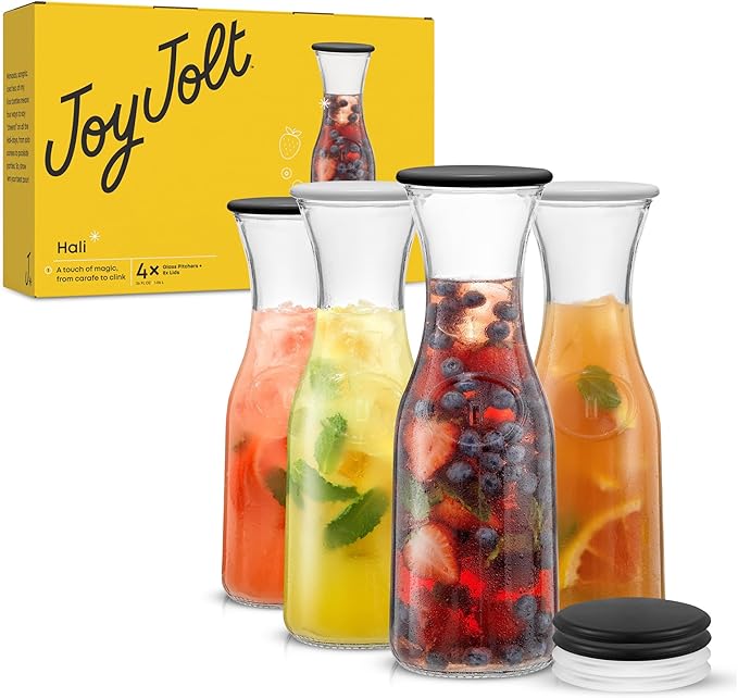 JoyJolt Glass Carafe with Lid, Set of 4 – 1 Liter Glass Pitcher for Mimosa Bar, Water, Iced Tea, Juice, Wine, Lemonade, Milk – Dishwasher Safe Beverage Drink Dispensers for Brunch, Parties