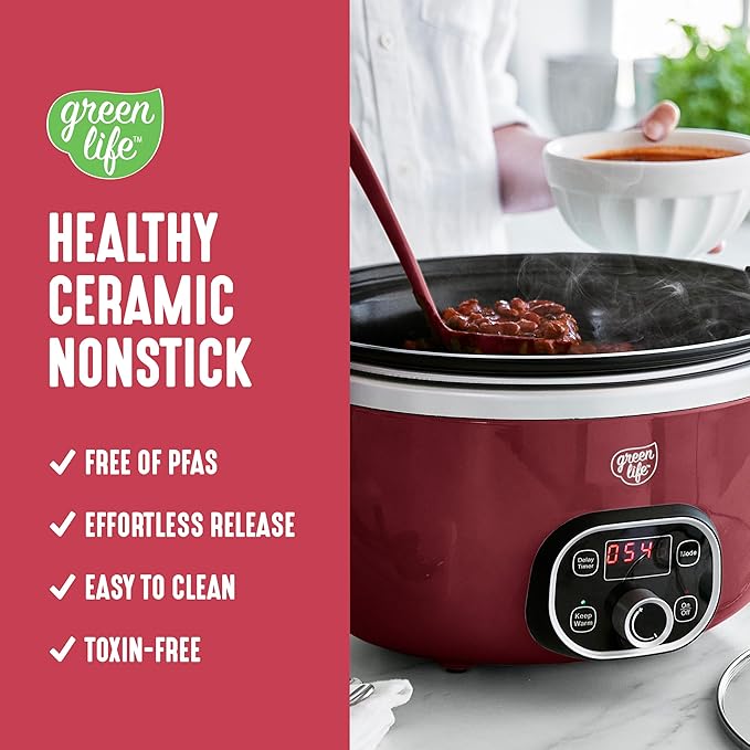 GreenLife 6QT Slow Cooker, Non-Toxic PFAS-Free Ceramic Nonstick Removable Interior Bowl, Programmable, Family Friendly, Keep Warm, Stovetop & Oven Safe, Dishwasher Safe Parts, Timer, Glass Lid, Red