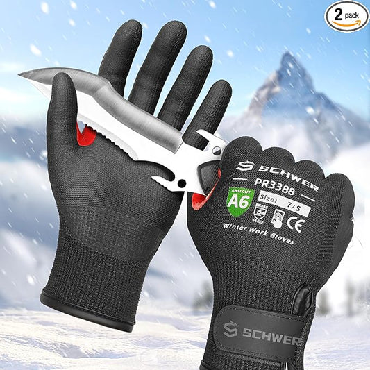 FreezeGuard Winter Work Gloves for Men and Women, ANSI A6 Cut Resistant Gloves With Super Grip, Freezer Glove for Work Below Zero, Touchscreen, Thermal Insulated, PR3388, Black Knight (S, 2 Pairs)
