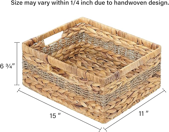 StorageWorks Large Rectangular Wicker Basket, Water Hyacinth and Seagrass Storage Basket with Built-in Handles, 1 Pack