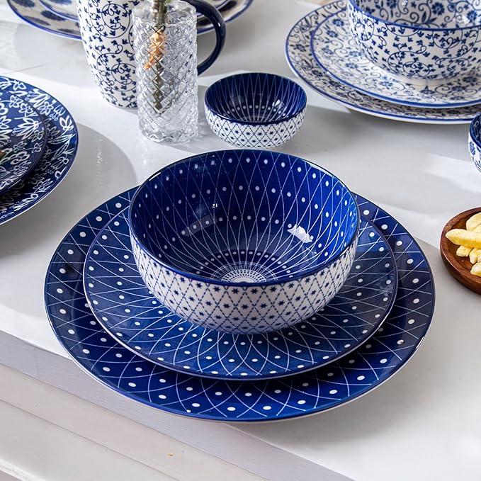 Ceramic Soup Bowls Set - 23 Oz Deep Cereal Bowl for kitchen - 6 Inch Porcelain Salad Bowl for Pasta, Dessert, Ramen - Microwave Dishwasher Safe - Set of 6 - Vintage Blue