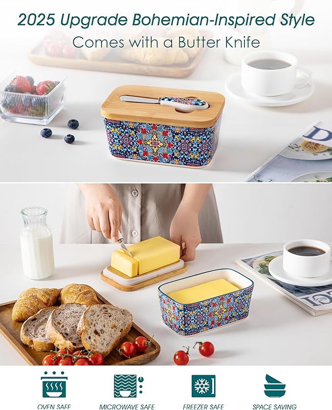 vancasso SIMI Butter Dish with Lid, 6.5" Large Butter Dish for Countertop, Bohemian Ceramic Butter Keeper Container with Knife and Bamboo Lid, Butter Holder for Counter, Twilight Bloom