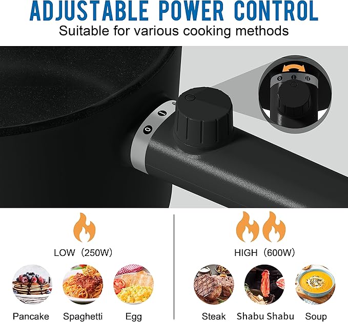 Topwit Hot Pot Electric with Steamer, 1.5L Ramen Cooker, Non-Stick Frying Pan, Electric Pot for Pasta, BPA Free, Electric Cooker with Dual Power Control, Over-Heating & Boil Dry Protection, Black