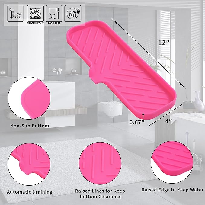 Silicone Bathroom Soap Dishes with Drain Spout-Bathroom and Kitchen Sink Organizer,Sponge Holder,Dish Soap Tray,Perfect for Dispenser,Scrubber,Bottle,Cup on Sink or Counter-Rose 12"×4"