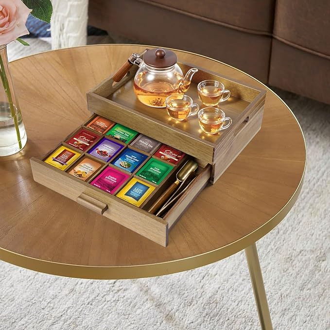 ANMINY Acacia Wood Tea Bag Organizer, Extra Large Tea Storage Box with 13 Compartments, 10MM Thick Wooden Teabag Holder Drawer Box, Tea Caddy Station Chest Containers for Countertop
