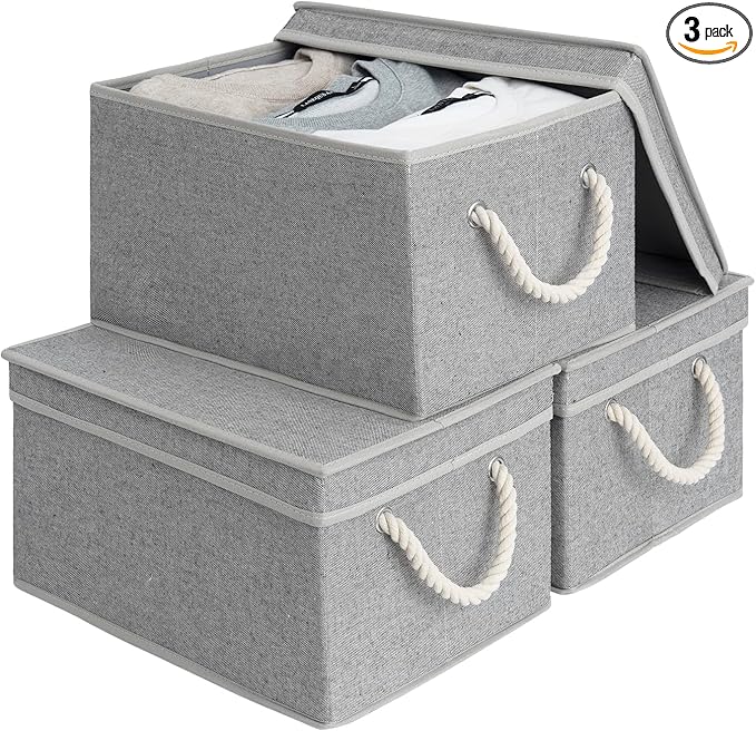 StorageWorks Large Storage Bins with Lids, Decorative Storage Boxes with Lid and Soft Rope Handles, Foldable Storage Baskets for Closet, Shelves, Stackable, Gray, 3-Pack