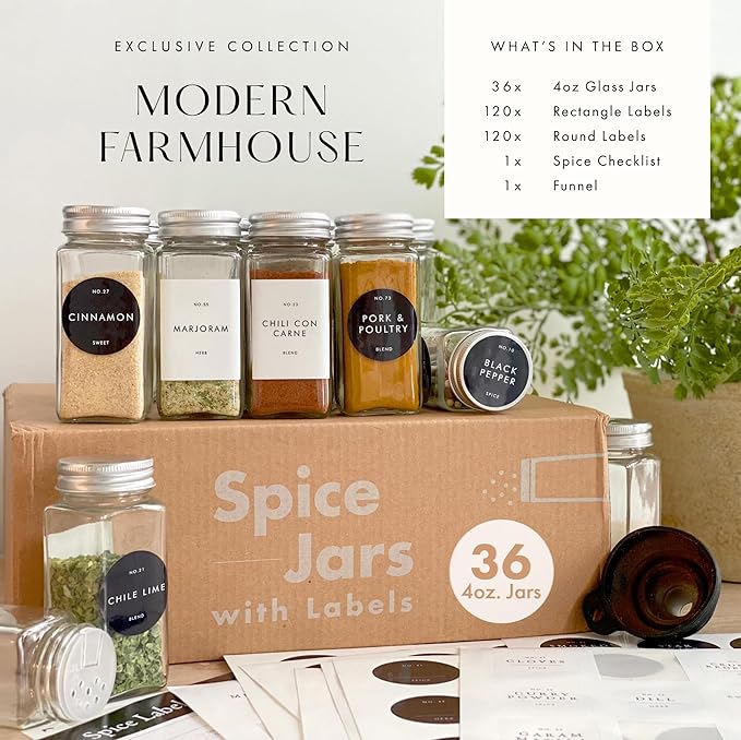 Glass Spice Jars with Labels with Metal Lids and Shakers Farmhouse 36 Pack Set, 4oz Small Clear Empty Spice Bottles Seasoning Containers with Label Organizer Square Herb Seasoning Jars for Kitchen