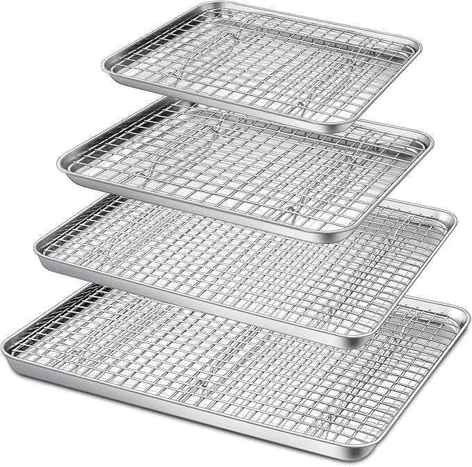 P&P CHEF 16 + 12.5 + 10.4 + 9 Inch Baking Sheet and Rack Set, Stainless Steel Cookie Sheets Oven Baking Pans Trays with Cooling Racks for Cooking & Roasting, Oven & Dishwasher Safe, (8Pcs)