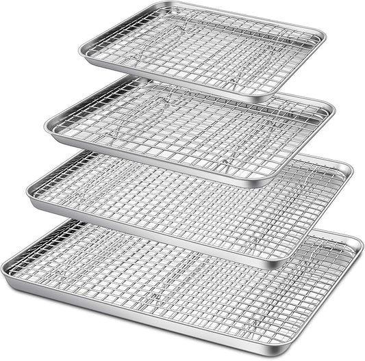 P&P CHEF 16 + 12.5 + 10.4 + 9 Inch Baking Sheet and Rack Set, Stainless Steel Cookie Sheets Oven Baking Pans Trays with Cooling Racks for Cooking & Roasting, Oven & Dishwasher Safe, (8Pcs)
