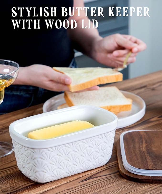 Nucookery Ceramic Butter Dish, Embossed Butter Keeper with Wood Lid for Countertop, Butter Holder and Container with Double Silicone Seal (Fan Pattern)