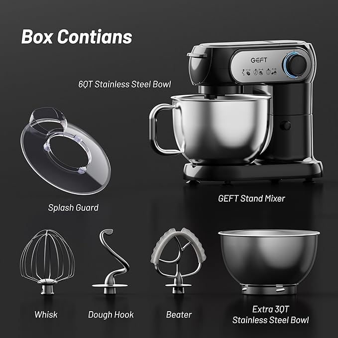 Stand Mixer, 3.5QT+6QT Two Bowls Kitchen Electric Mixer, 600W 6+P speed Tilt-Head Food Mixer with Stainless Steel Bowl, Dishwasher-Safe Dough Hook, Flat Beater, Wire Whisk, Splash Guard, Black