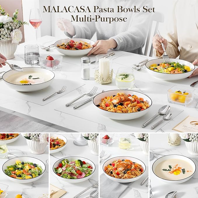 MALACASA 8.85" Large Pasta Bowls, 42 OZ White Salad Bowls Soup Bowls, Porcelain Serving Bowls Set of 4, Ivory White & Black Rim, Microwave & Dishwasher Safe, Series REGULAR