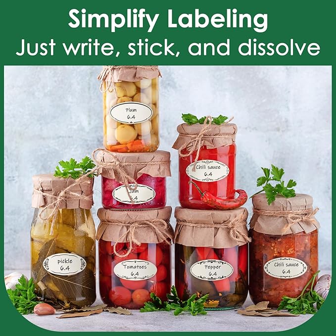 200 Dissolvable Canning Labels for Mason Jars, 1 x 2⅛ inch Food Labels, Tiny Canning Jar Stickers Removable with Water