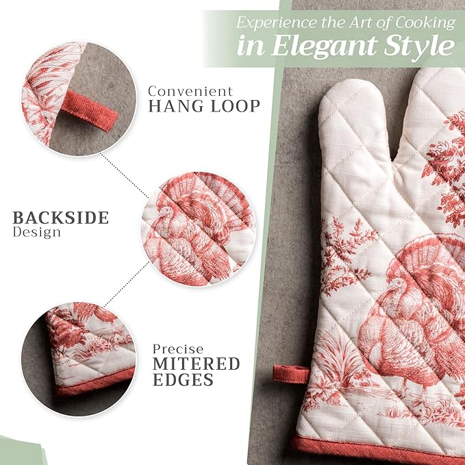 Maison d' Hermine Oven Gloves 100% Cotton Oven Mitt 7" x 13" with Loop Heat Resistant, BBQ, Cooking Gloves, Baking, Grilling, Kitchen, Handling Hot Pans (Pack of 1, Holy Jouy - Red)